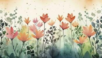 Beautiful abstract watercolor colorful flower design. Watercolor floral seamless pattern with colorful wildflowers, leaves. Colorful spring flower background with watercolor, generate ai photo