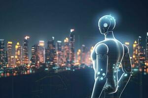 Smart City with robot system artificial intelligence , Chat GPT chatbot AI , Chatting with a smart AI or artificial intelligence chatbot developed by OpenAI , Generate AI photo