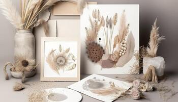 Empty template in boho style greeting cards, greeting or wedding card mockup with dried flowers. image photo