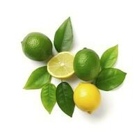 Fresh lemon with green leaves isolated on white background, generate ai photo
