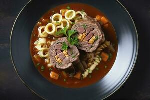 Traditional slow cooked German Wagyu beef roulades with gnocchetti sardi noodles in a spicy gravy as a top view on a Nordic design plate with copy space on the right, generate ai photo