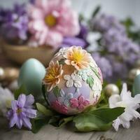 Pink Flower Arrangement, Easter Decoration, Frohe Ostern Means Happy Easter , generate ai photo