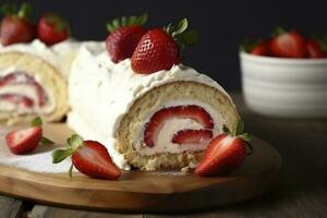 Delicious cake roll with strawberries and cream on wooden board, closeup, generate ai photo