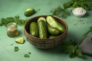 Bowl with tasty fermented cucumbers and ingredients on green background, generate ai photo
