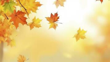 Autumn natural background with yellow and red maple leaves are flying and falling down, generate ai photo