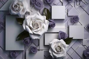 3d Mural modern wallpaper. purple rose flowers with Squares and decorative background . modern art for wall home decor, generate ai photo