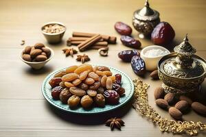 Eid al-Fitr holiday concept with sweet dried dates, fruits and decorations on bright background. Top view from above, generate ai photo