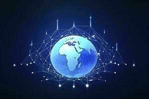 Global network on Earth concept. 3D rendering, World map point. Big data analytics and business concept, world map point and line composition concept of global business, generate ai photo
