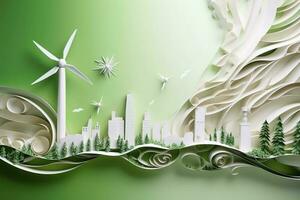 Paper art, renewable energy with green energy such as wind turbines, Renewable energy by 2050 Carbon neutral energy, Energy consumption, and CO2, Reduce CO2 emission concept, generate ai photo