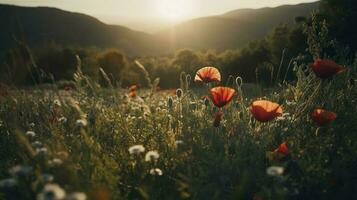 A stunning photo captures the golden hour in a field of radiant red poppies, symbolizing the beauty, resilience, and strength of nature, generate ai