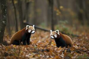 two cute red pandas climbing together in the branches , generate ai photo