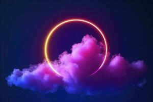 3d render, abstract cloud illuminated with neon light ring on dark night sky. Glowing geometric shape, round frame, generate ai photo