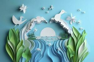 Paper art , Environmental protection and save earth water , Ecology and world water day , Saving water and world Environment day , Generate Ai photo