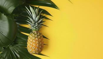 Top view of fresh pineapple with tropical leaves on yellow background , generate ai photo