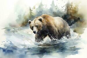 un oso pescar en un río acuarela cuadro, hermosa natural formularios, crujiente limpiar formas, vistoso, blanco fondo, generar ai foto