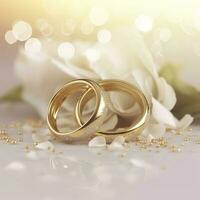 elegante amor antecedentes - dos dorado anillos y decoraciones , generar ai foto