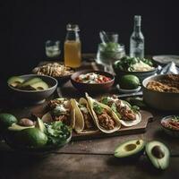 Mexican food corner border, top-down view over a dark banner background. Tacos, quesadilla, burritos and nachos. Copy space, generate ai photo