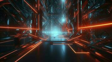 digital cg background, cg backgrounds sci-fi backgrounds, in the style of futuristic geometric abstraction, dark orange and light cyan, 32k UHD, neon, and fluorescent light, generat ai photo