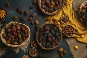 Eid al-Fitr holiday concept with sweet dried dates, fruits and decorations on bright background. Top view from above, generate ai photo