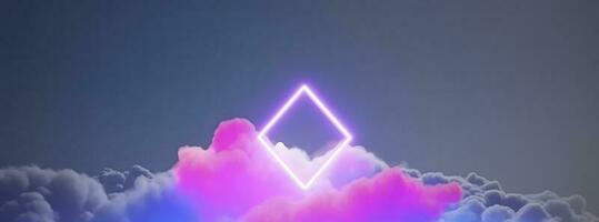 3d render, abstract minimal background with pink blue yellow neon light square frame with copy space, illuminated stormy clouds, glowing geometric shape, generate ai photo