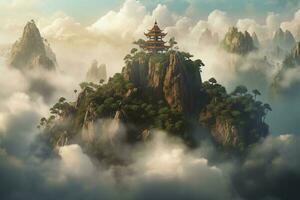 Floating island above the clouds landscape illustration, generate ai photo