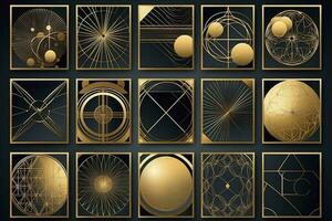 Golden abstract art geometric figures. Stylish modern wall art for wall decoration, wallpaper, murals, carpets, hanging pictures, generate ai photo