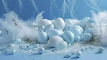 a bright blue background with one white Down feathers and eggs, in the style of soft and dreamy pastels, glimmering light effects, nature-inspired imagery, generat ai photo