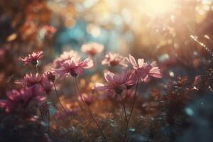 pink flowers with the sun shining through the clouds in the background and the grass in the foreground is a field of purple flowers. photo