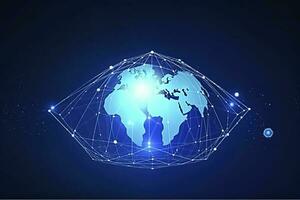Global network on Earth concept. 3D rendering, World map point. Big data analytics and business concept, world map point and line composition concept of global business, generate ai photo