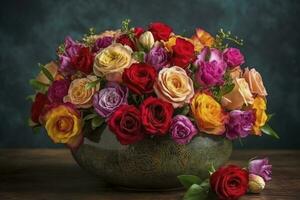 Colorful Spring Flower Arrangement With Roses, French Text Merci Means Thank You , generate ai photo