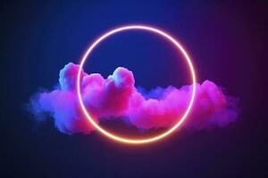 3d render, abstract cloud illuminated with neon light ring on dark night sky. Glowing geometric shape, round frame, generate ai photo