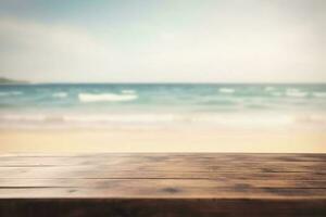 Empty wooden table on a beautiful blured tropical beach background. Summer holiday background for product display, generate ai photo