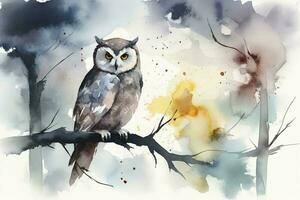 An owl perched on a tree branch in the moonlight watercolor painting, beautiful natural forms, crisp clean shapes, colorful, white background, generate ai photo