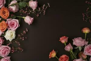 Roses Flower Arrangement, Copy Space, Flat Lay , generate ai photo