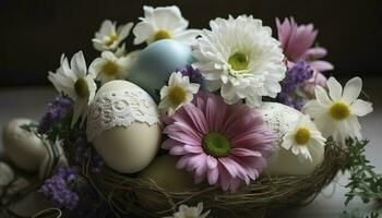 Pascua de Resurrección huevo decoración con flor ramo, generar ai foto