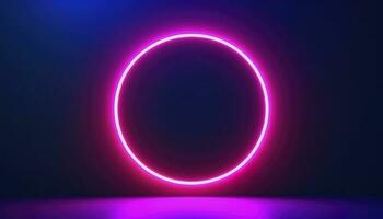 3d render, blue pink neon round frame, circle, ring shape, empty space, ultraviolet light, 80s retro style, fashion show stage, abstract background, generate ai photo