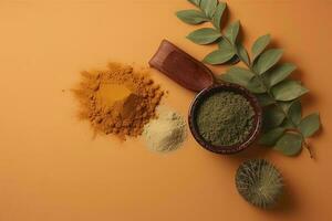 Flat lay composition with henna and turmeric powder on coral background, space for text. Natural hair coloring, generate ai photo