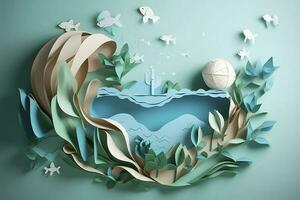 Paper art , Ecology and world water day , Saving water and world Environment day, environmental protection and save earth water , Generate Ai photo