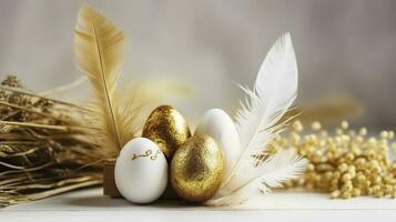 Easter table setting with bunny and golden eggs. Top view, generate ai photo
