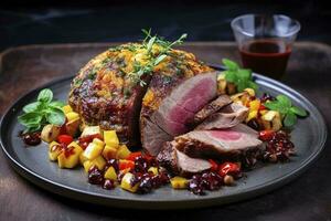 Traditional roasted Italian panettone tagliata di manzo with sliced beef steak and vegetables served close-up on a Nordic design plate, generate ai photo