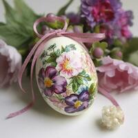 Pink Flower Arrangement, Easter Decoration, Frohe Ostern Means Happy Easter , generate ai photo