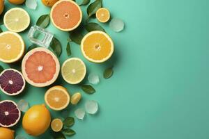 Citrus paradise concept. Top view of juicy oranges, lemons, limes and grapefruits on turquoise background with empty space for promotional text, generate ai photo