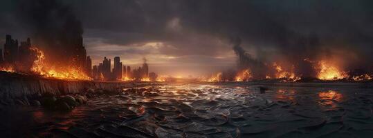 Post apocalypse. Nuclear apocalypse survivor. Ruined Cityscape. Concept. Banner size. Header, A nuclear explosion in the center of the metropolis. The beginning of apocalyptic, generate ai photo