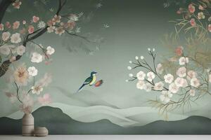 3d floral mural wallpaper with a light simple background. branches of flowers, herbs, birds, and mountains. modern art for wall home decor, generate ai photo