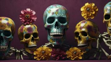 skeleton family, skulls, flowers, dusted, faded, mexican art, day of the dead, hyper detailed, intricate patterns, art deco, vibrant colors, unreal engine, generate ai photo