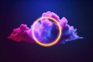 3d render, abstract cloud illuminated with neon light ring on dark night sky. Glowing geometric shape, round frame, generate ai photo