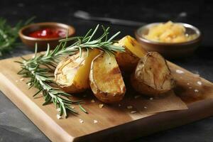 Tasty baked potato and aromatic rosemary served on wooden board, closeup, generate ai photo