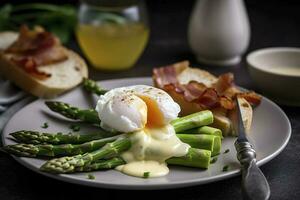 Benedict poached Duck egg with crispy bacon and fried asparagus on toasts for breakfast, generate ai photo