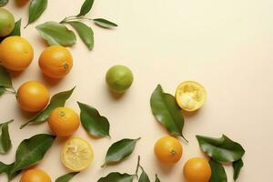 Whole orange yellow tangerines with green leaves on pastel beige background, copyspace. Citrus fruits mandarines as minimal food frame background, empty space, above view, generate ai photo