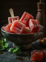 Healthy watermelon popsicles on a plate. Top view on a rustic white wood background. Summer food concept, generate ai photo